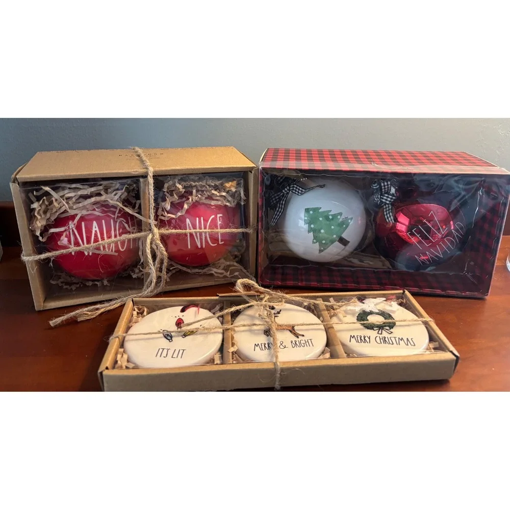 Rae Dunn Christmas Ornament Bundle Naughty Nice Feliz‎ Navidad It's Lit 7pc Set